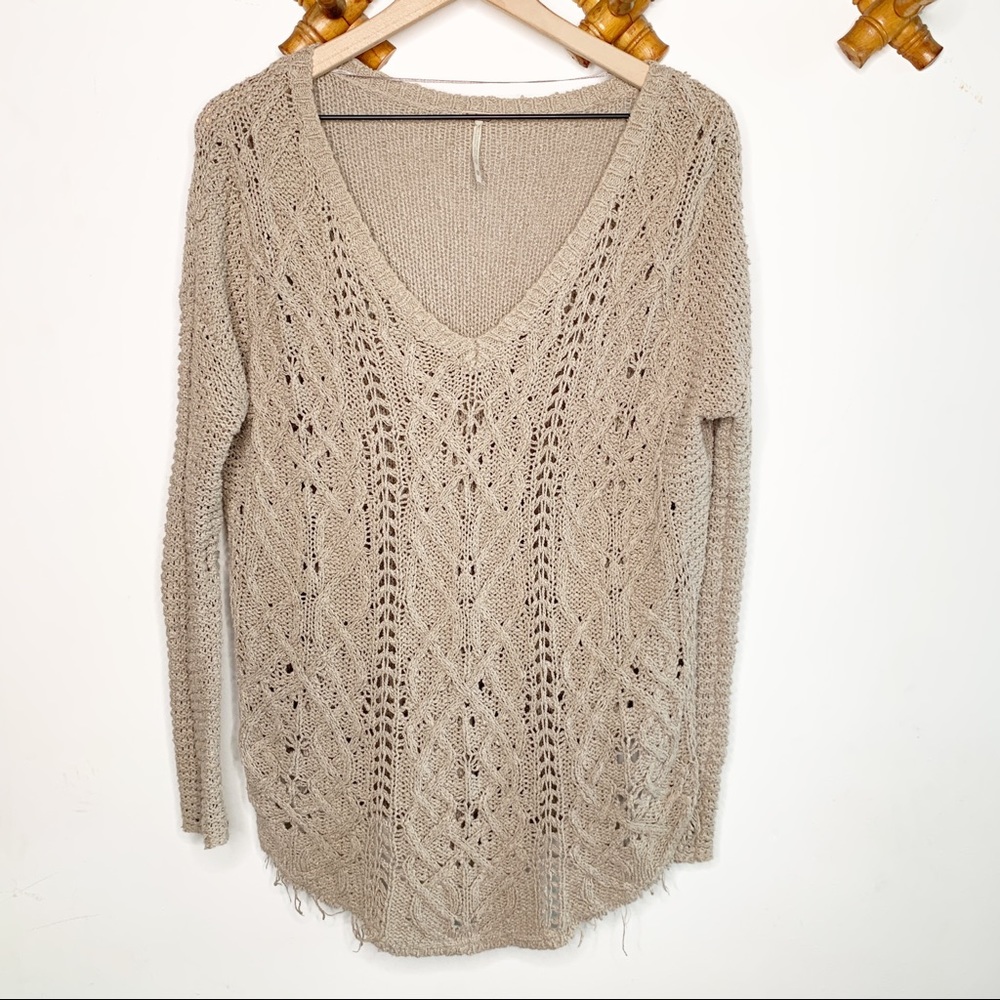 Free People Beige Loose Cable Knit V Neck sweater